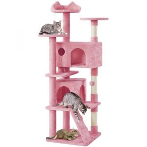 Yaheetech Arbre &agrave; Chat avec 2 Niches 3 Plateformes 2 Boules Sisal Arbre &agrave; Grimper Multi-Niveaux Hauteur 178cm pour 3-4 Chats Rose