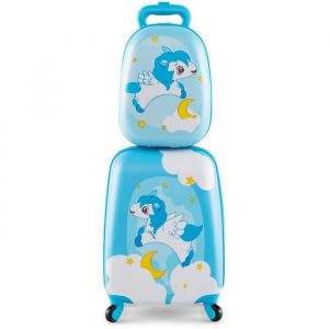 COSTWAY Valise Enfant à Roulettes 16’’ + Sac à dos 12’’ Bagage Enfants avec Motif Licorne pour Voyages en Avion Bleu