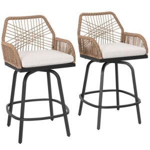 Avestar Lot de 2 tabourets bar ext&eacute;rieur pivotants &ndash; Rotin tress&eacute; Beige &ndash; Dossier haut & repose-pieds &ndash; Terrasse jardin balcon