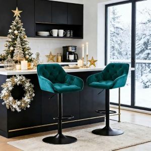 Tabouret de Bar -&nbsp;Lot de 2 Velours - R&eacute;glable en Hauteur - Pivotant avec Dossier et Accoudoirs - AINPECCA  (Bleu-vert)