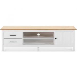 Meuble TV en pin massif d&eacute;cor cir&eacute; ch&ecirc;ne et blanc meuble de rangement - Longueur 158 x Profondeur 40 x Hauteur 47 cm