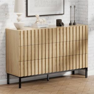 GOOBUY Commode à 6 Tiroirs 100cm Commode Étroite Motif Bois Plafond Spacieux Pieds en Métal 100 x 34.5 x 73.4 cm Naturel