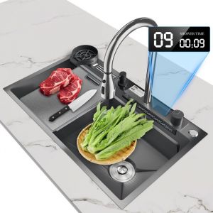 &Eacute;vier de cuisine en acier inoxydable gris 304 avec affichage intelligent de la temp&eacute;rature de leau grand bac unique (75 x 45 cm).