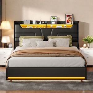 Lit coffre double 160x200 avec sommier - Mécanisme silencieux LED RGB 20 couleurs Tête de lit cuir PU noir Ports USB