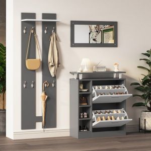 Meuble dentrée Porte-vestiaire avec miroir 2 panneaux muraux 1 étagère et 1 meuble à chaussures - gris