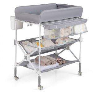 Table &agrave; Langer Pliante pour B&eacute;b&eacute; COSTWAY avec Roulettes &Eacute;tag&egrave;res Poubelle Station Imperm&eacute;able Hauteur R&eacute;glable 11 kg Gris