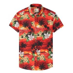 Chemise Hawaïenne Imprimé Homme Manches Courtes Chemisette Fashion de Plage Respirant Ete Pour Vacances - Rouge