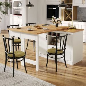 Table de bar escamotable avec rangement et pivotante &agrave; 360&deg; longueur r&eacute;glable (120-180 cm) &icirc;lot de cuisine avec cave &agrave; vin blanc