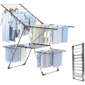 Étendoir Linge Intérieur ExtérieurSéchoir À Linge Pliable À 2 Niveaux4 Ailes Réglables En Hauteur33 BarresGris