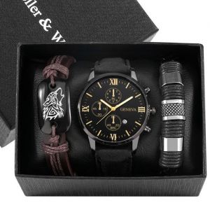Coffret montre homme+ bracelet - affichage calendrier chiffres romains bracelet en cuir classic fashion-noir