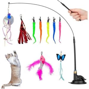 Jouets pour chat Ensemble de 10 pi&egrave;ces Plume de poisson volant Chat Teaser Stick Remplacement Bandeau Cloche