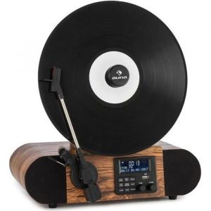 auna Verticalo SE Platine vinyle design r&eacute;tro avec tuner DAB  SB & Bluetooth - 3 vitesses de lecture - Bois marron
