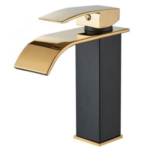 Robinet Lavabo doré et noir CascadeRobinet Salle Bain Cascade avec bec Hauteur 19 cm Mitigeur Lavabo Cascade Chaude et Froide