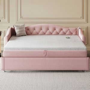 Canap&eacute; Lit Gigogne Capitonn&eacute; 90x200 cm Lin Rose avec Ports USB et Sommier &agrave; Lattes Multifonction (sans Matelas)