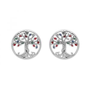 Boucles doreille en argent rhodi&eacute; arbre de vie multi couleurs et fermoir poussette