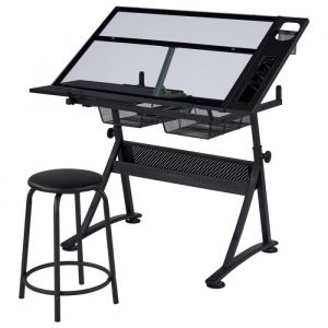 Yaheetech Table à Dessin Inclinable en Verre avec Tabouret Bureau à Dessin Réglable en Hauteur et 2 Tiroirs de Rangement Noir