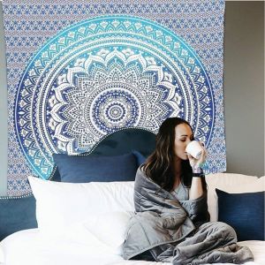 Tapisserie Tenture murale Tissu Murale Tapisserie Bleu et Blanc- 150x200cm Boho Bohemian Maison D&eacute;coration Murale de Plage en Coton