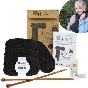 Kit Tricot d&eacute;butant : &Eacute;charpe en Laine Noir -DIY - Id&eacute;e Cadeau Originale