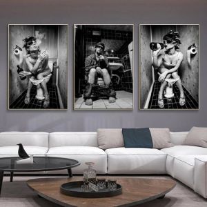 Moderne Noir et Blanc Toile Peinture Fumer Boire Figures D&eacute;coratives Mur Art Photos pour Salle De Bains WC D&eacute;cor 50x70cm sans Cadre
