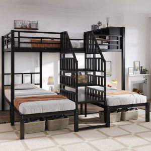 Lit superpos&eacute; en fer forg&eacute; O.Ye lit triple avec &eacute;chelle et rampes avec espace de rangement 140x200cm+90 x 200cm LITS SUPERPOSES