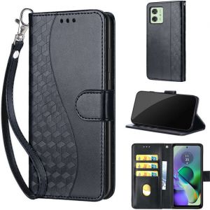 Coque pour Motorola Moto G54 6.5 Housse en Cuir PU Flip Portefeuille Étui avec Fentes Carte Case Magnétique Antichoc (Cube noir)