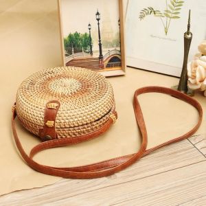 TEMPSA Paille Rotin Sac Sacoche à Main Tissé Rond Femme Bandoulière Bohême Plage Voyage