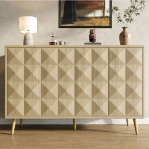Buffet Bahut 4 portes en relief pour salon/salle à manger  Meuble de rangement  120×35×78 cm  Etagères réglables  Buffet Bas
