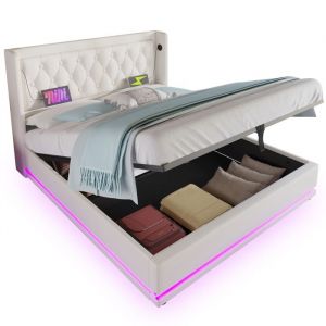 OKWISH Lit adulte 160&times;200cm lit complet - Lit coffre avec chargement USB LED et sommier - PU blanc (avec sommier et matelas)