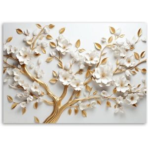 Tableau Décoration Murale 3D Fleur - 60x40 cm - Motif floral - Peinture sur toile - arbre doré à fleurs blanches - Feeby