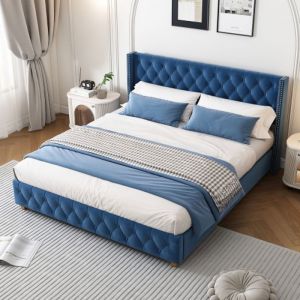 Lit double 160x200 cm Lit adulte 2 personnes avec sommier à lattes et tête de lit revêtement riveté pieds en bois velours bleu
