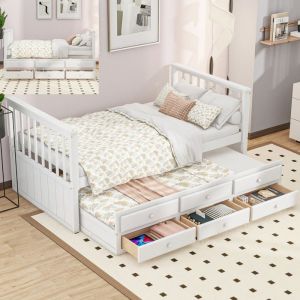 Lit banquette enfant 90x200 cm avec lit tiroir et rangements – Bois massif blanc – Idéal pour chambre d’enfant ou invités