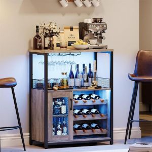 Haigmao Cabinet de bar à vin avec lumières LED Bar de cabinet de liqueur avec stockage Porte en verre et en maille Gris