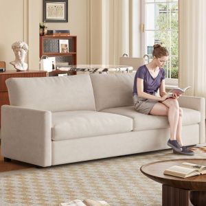 Canapé 3 places velours beige design scandinave moderne confortable et élégant salon cosy assise profonde convertible