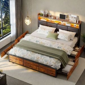 Lit Double 180x200 cm Industriel Style avec LED RGBTiroirs et T&ecirc;te de Lit Cuir  Noir Bois Tigr&eacute;，Compartiments de rangement