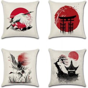 Lot de 4 housses de coussin décoratives de style japonais avec peinture à lencre et grue pour canapé chambre banc