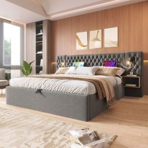 Lit double 160 &times; 200 cmO.Ye avec 2 tables de chevet Lit coffre avec lampe de lecture et USB T&ecirc;te de lit rembourr&eacute; Gris Velour