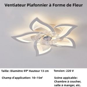 Ventilateur Lampe Plafonnier de Luxe 50W en Forme de Fleur Dimmable en Continu Télécommande + APP Double Contrôle Blanc