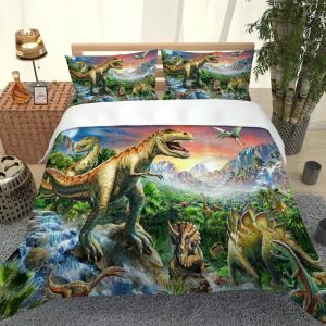 Housse De Couette 140X200 Enfant 3D Dinosaure - Parure De Lit 1 Personne Housse Couette Imprimé avec 2 Taies doreiller 65X65 CM