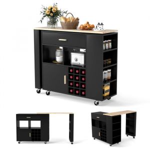 GOPLUS Chariot Îlot avec Table Rotative 120 x 40 x 100 cm Desserte de Cuisine à roues avec Casier à VinTiroirPorte-épicesNoir