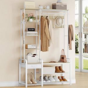 Porte-manteau avec &Eacute;tag&egrave;re &agrave; Chaussures Meuble dEntr&eacute;e vec Banc 40x120x182cm 17 Crochets4 &eacute;tag&egrave;res de RangementCh&ecirc;ne et Blanc