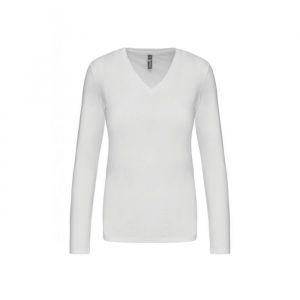Tee-shirt femme col V manches longues Kariban 100% coton - Blanc