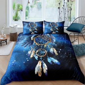 Attrape r&ecirc;ve bleu boh&egrave;me Parure de lit 3 pieces 1 housse de couette 200*200cm et 2 taies doreillers 63*63cm