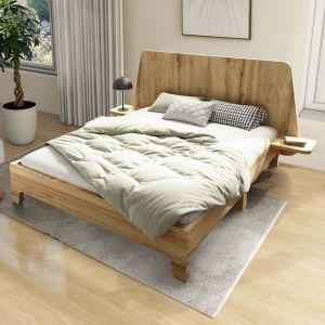 Lit en bois massif lit plat lit double 160x200cm tête de lit avec 2 étagères - coloris chêne