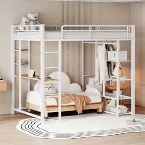 Lit Mezzanine 2 Places avec Bureau Lit Mezzanine 140x200 Adulte avec EscalierÉtagères SuspenduesRangementArmoire OuverteBlanc