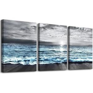 Tableau Gris et Bleu Paysage de MerTableau Decoration Murale Salon Lever de Soleil et Plage Impression Sur Toile30*40 avec cadre