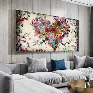40x80cm no frame   WANGART toile moderne avec tableau abstrait avec fleurs et c&oelig;ur color&eacute;s tableau mural color&eacute;