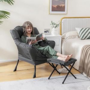 RELAX4LIFE Fauteuil avec Repose-Pied Assorti  Poche Latérale  Appui-tête  Patins Antidérapants  pour Chambre/Salon/Bureau Gris