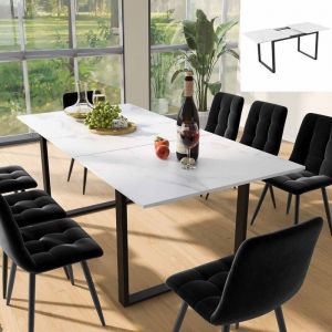 Table à manger télescopique 140/180x80x75cm Pieds de table en métal noirTable à manger rectangulaire avec panneau MDF en marbre