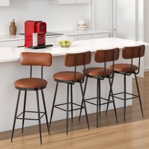 Lot de 4 - Tabouret de Bar - pour Salle &agrave; Manger/Bar - Tabouret de Bistrot avec Dossier - Chaise de Bar Rembourr&eacute; en PU - Marron