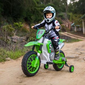 Moto Cross &eacute;lectrique pour Enfant 3 &agrave; 5 Ans 12 V 3-8 Km/h avec roulettes lat&eacute;rales Amovibles dim. 1065L x 515l x 68H cm Vert
